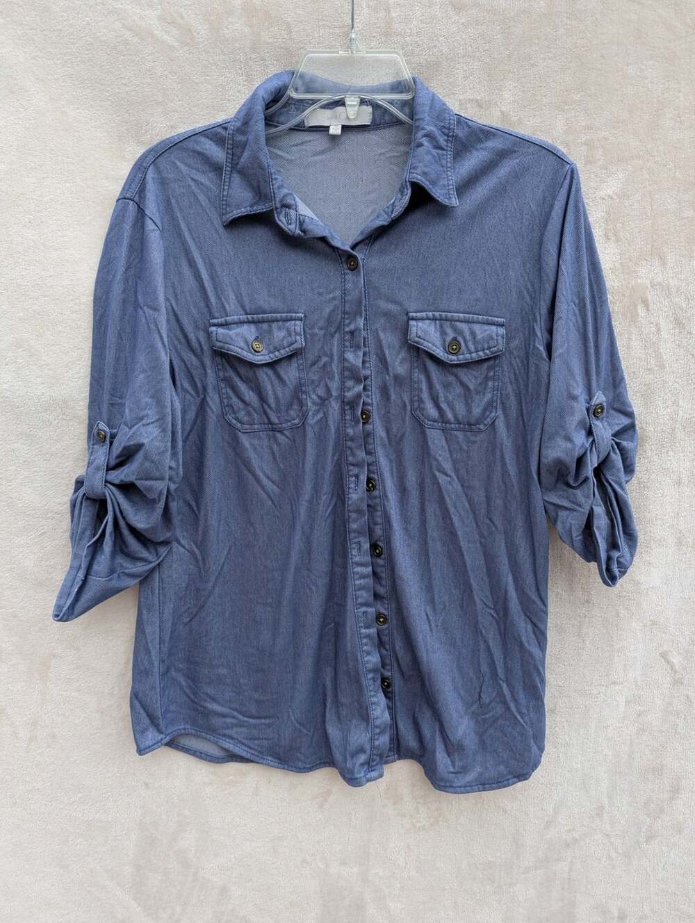 Eden & Olivia Blue Knit Denim Button Down Roll Tab Sleeve Shirt Size M